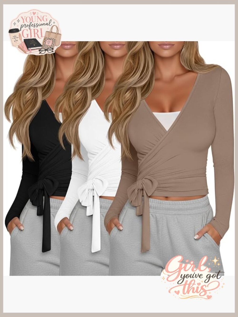 3 Pack Long Sleeve Wrap Tops Deep V Neck Tie Front Yoga Ballet Pilates Shirts